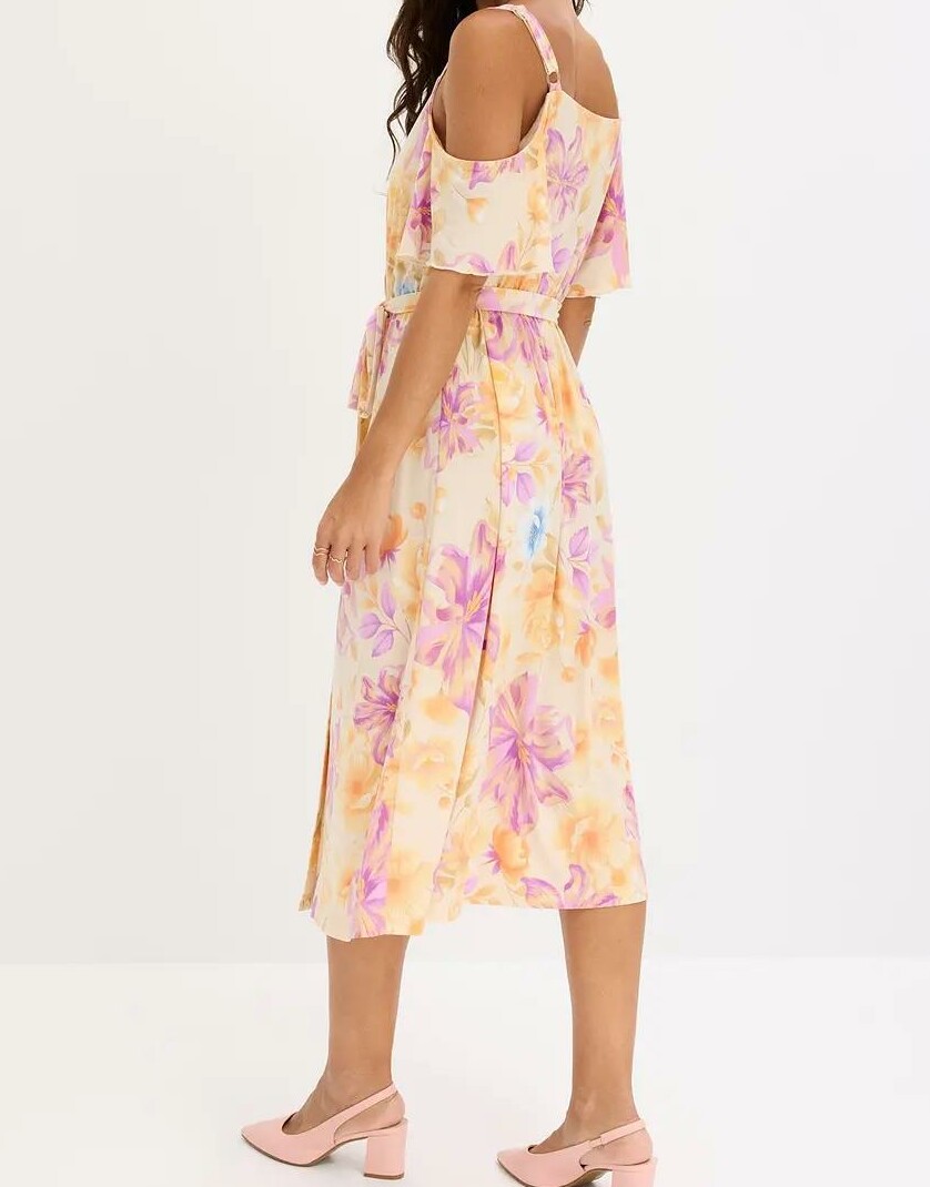 SUKIENKA BOHO MIDI Z DEKOLTEM V I KRÓTKIM RĘKAWEM