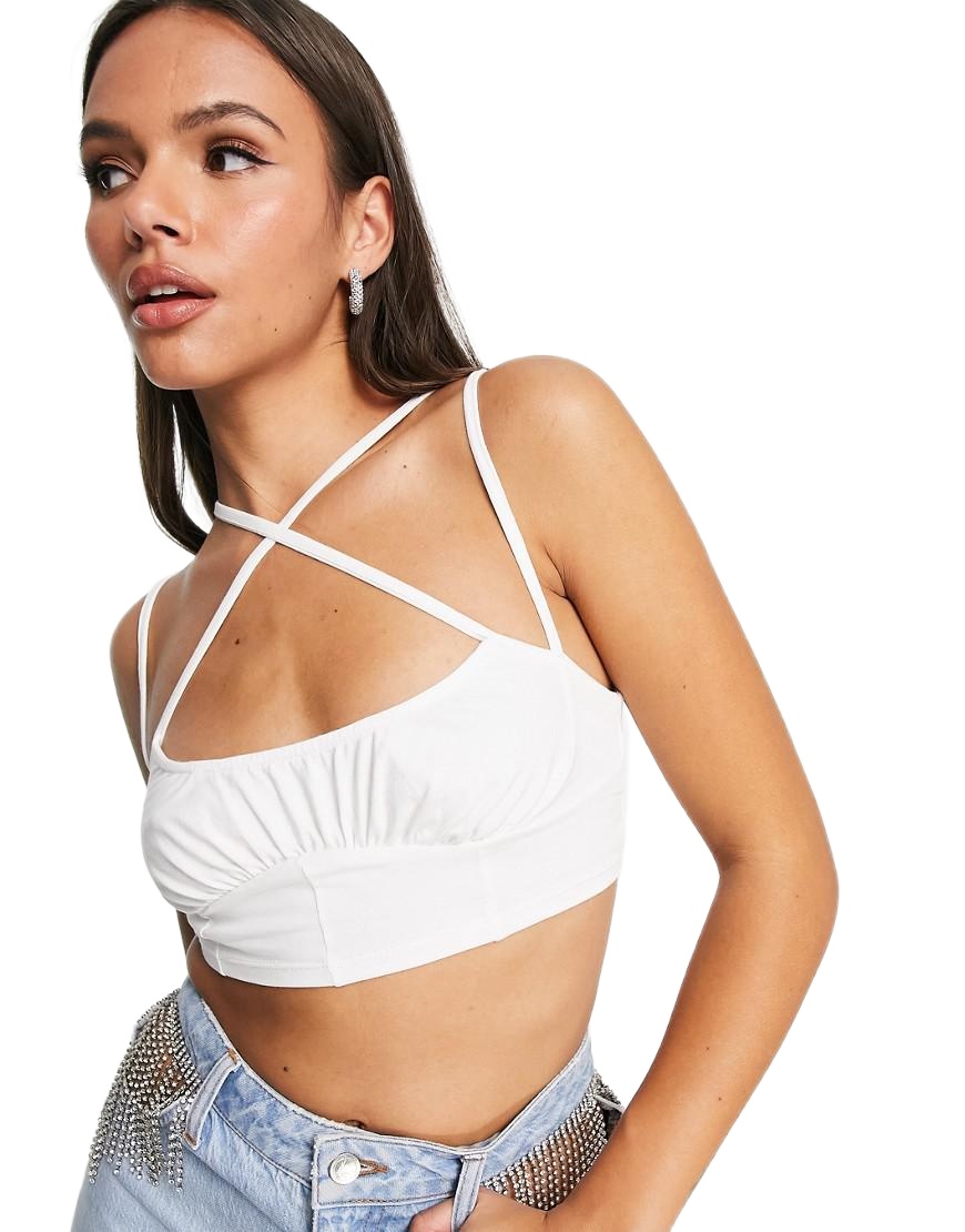 biały CROP TOP PASKI marszczenie