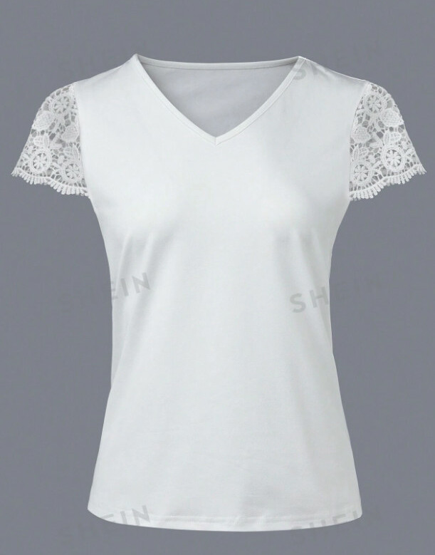 biały top koronka krótki rękaw v-neck