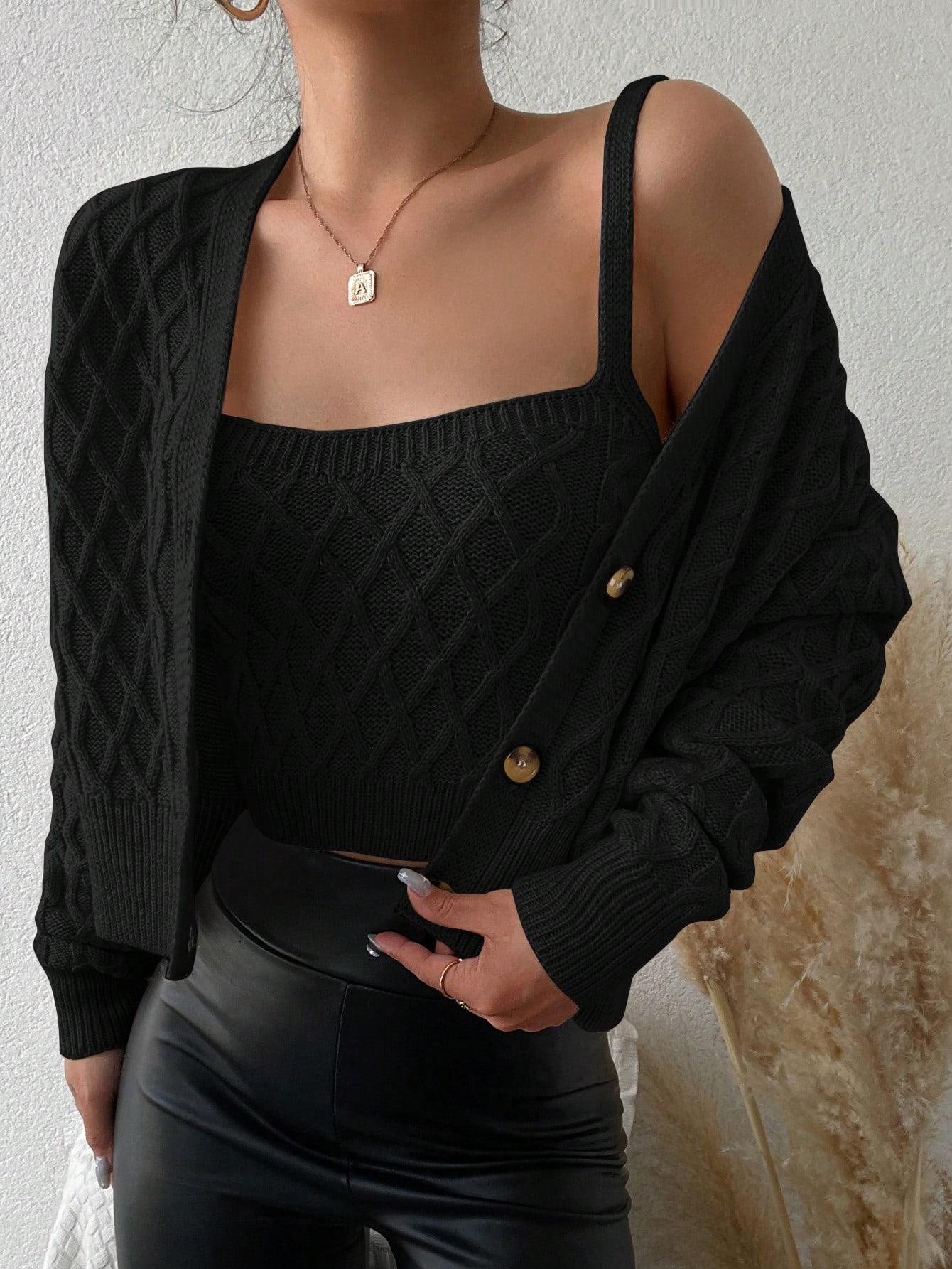 CZARNY DZIANINOWY KOMPLET TOP SWETER