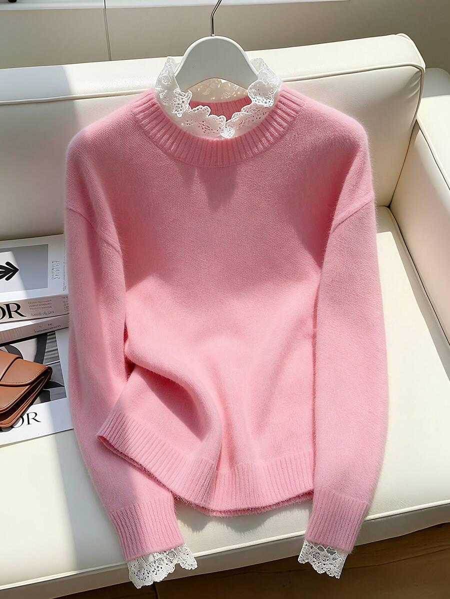 różowy sweter koronka 