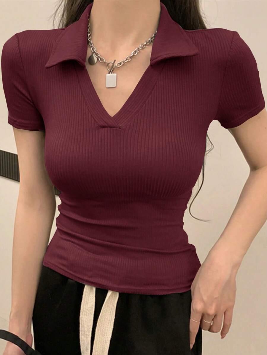 bordowy t-shirt v-neck