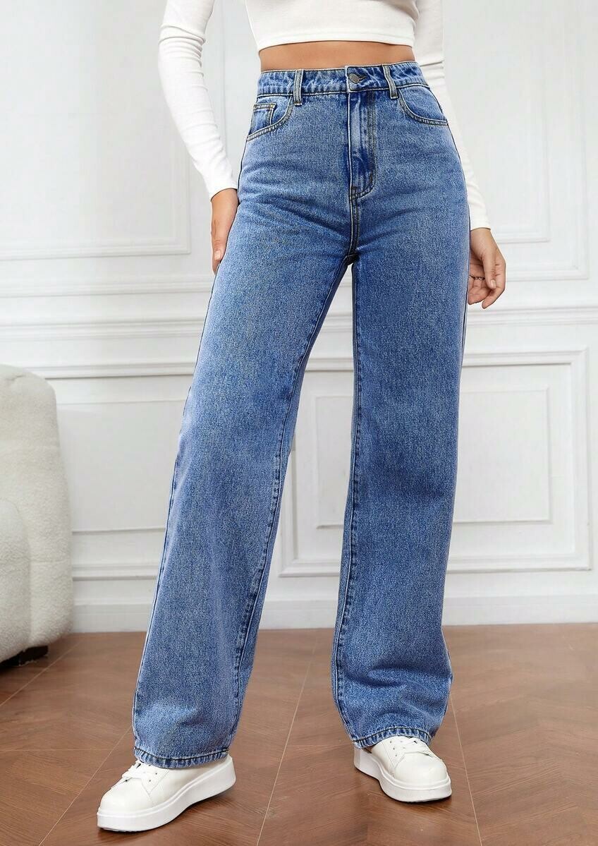 niebieskie spodnie proste jeans wysoki stan
