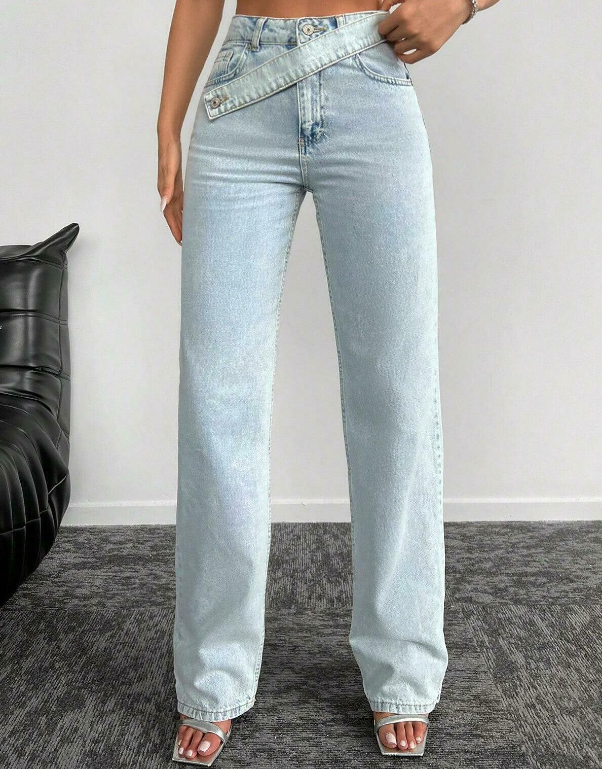 NIEBIESKIE PROSTE SPODNIE JEANSOWE WYSOKI STAN