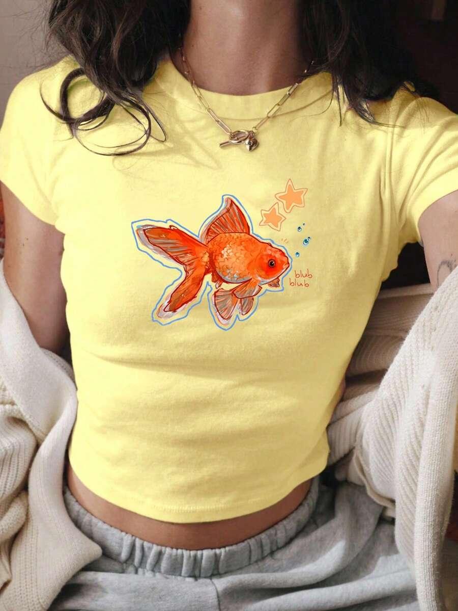 żółty t-shirt nadruk 