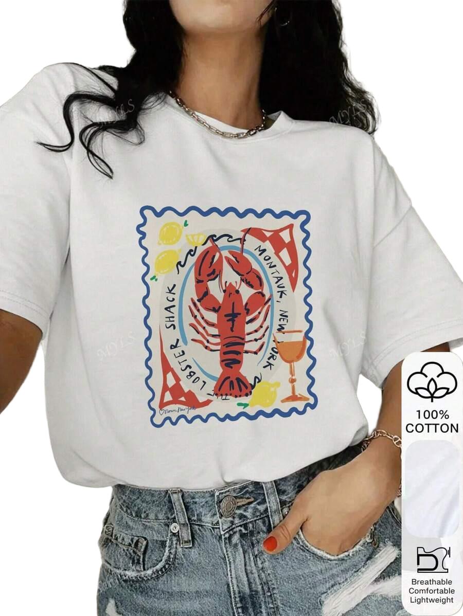 T-SHIRT DAMSKI BAWEŁNIANY OKRĄGŁY DEKOLT REGULAR PRINT