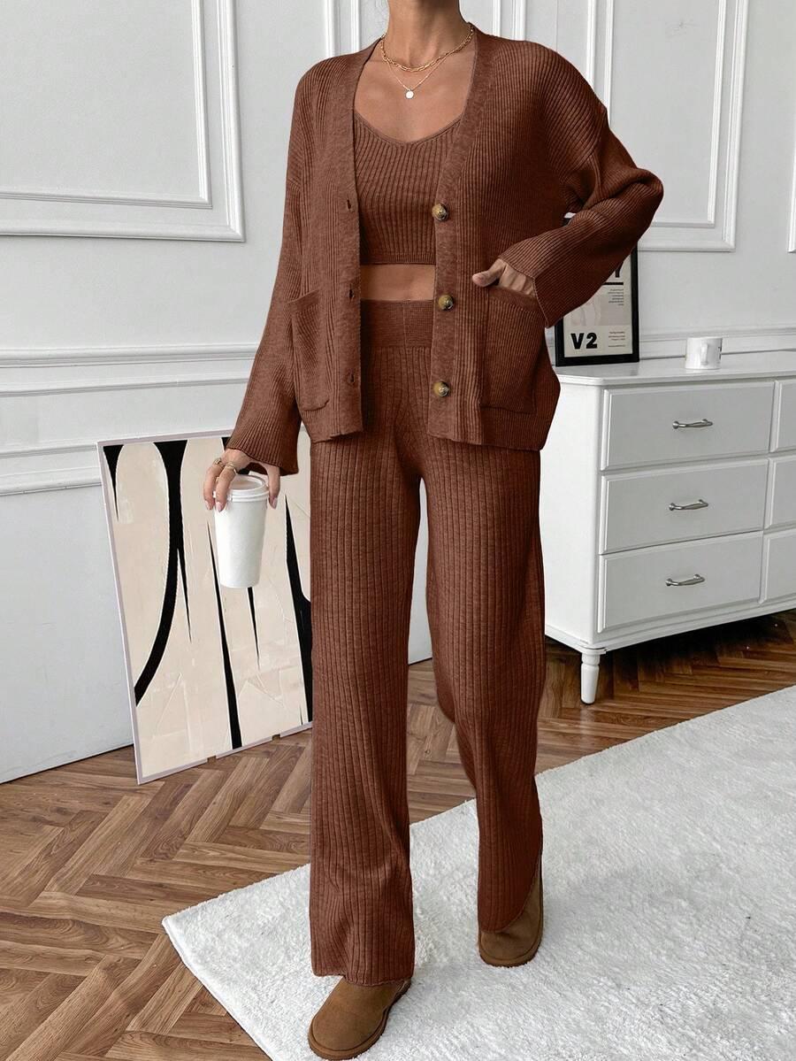 DZIANINOWY KOMPLET SWETER TOP SPODNIE
