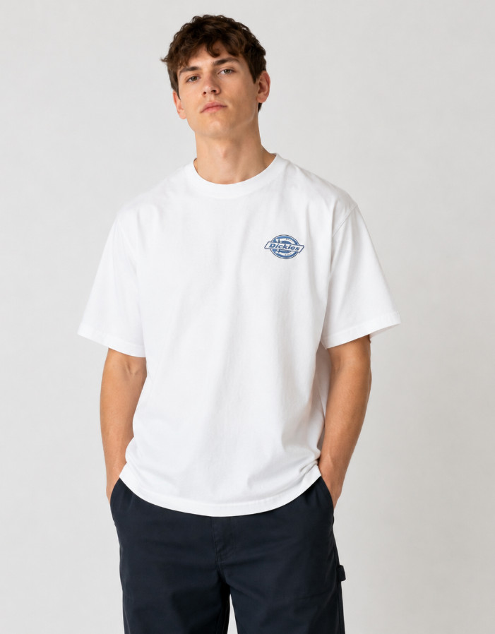 BIAŁY LUŹNY T-SHIRT OKRĄGŁY DEKOLT NADRUK LOGO PARADISE