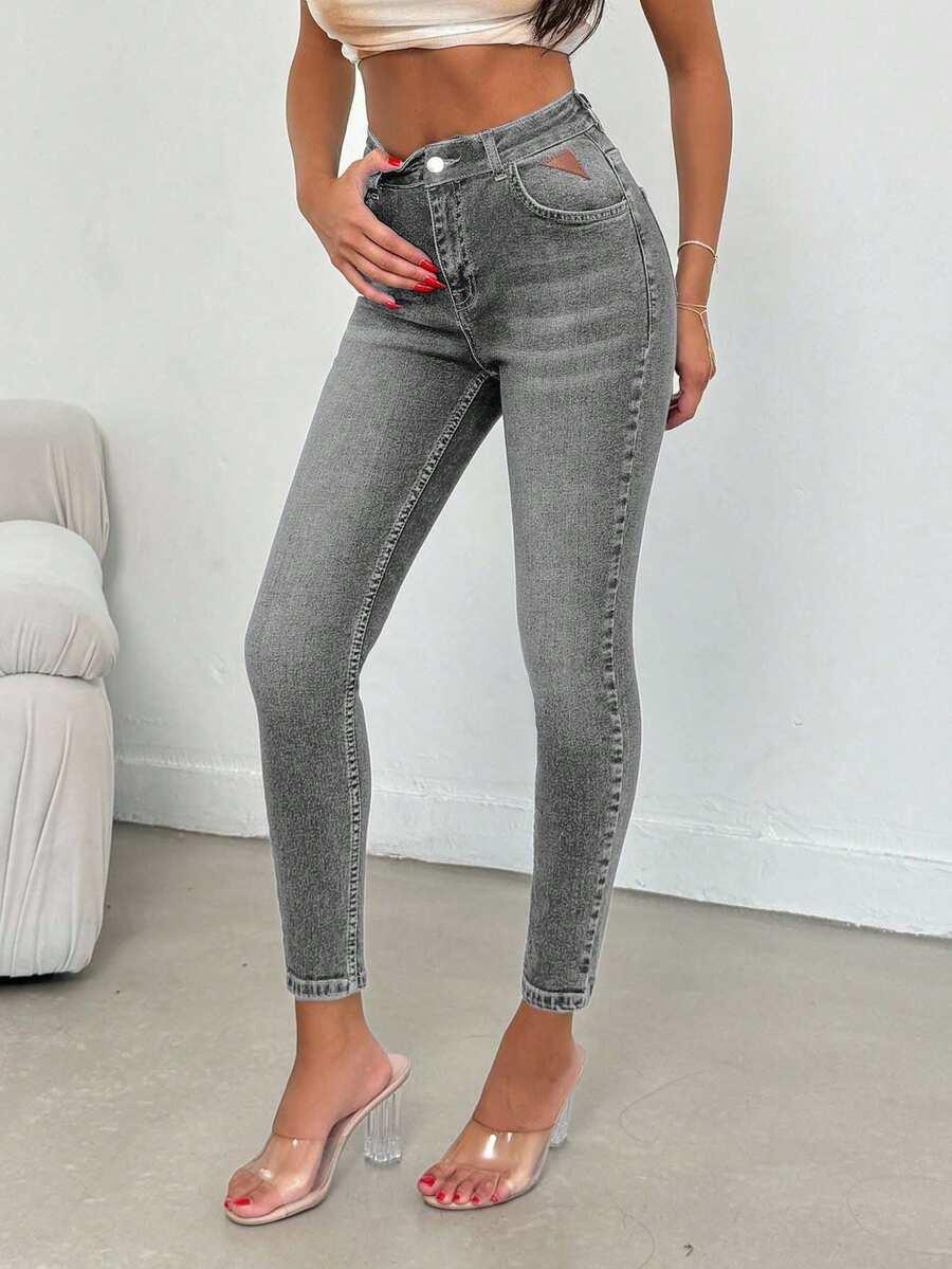 szare SPODNIE JEANS WYSOKI STAN 