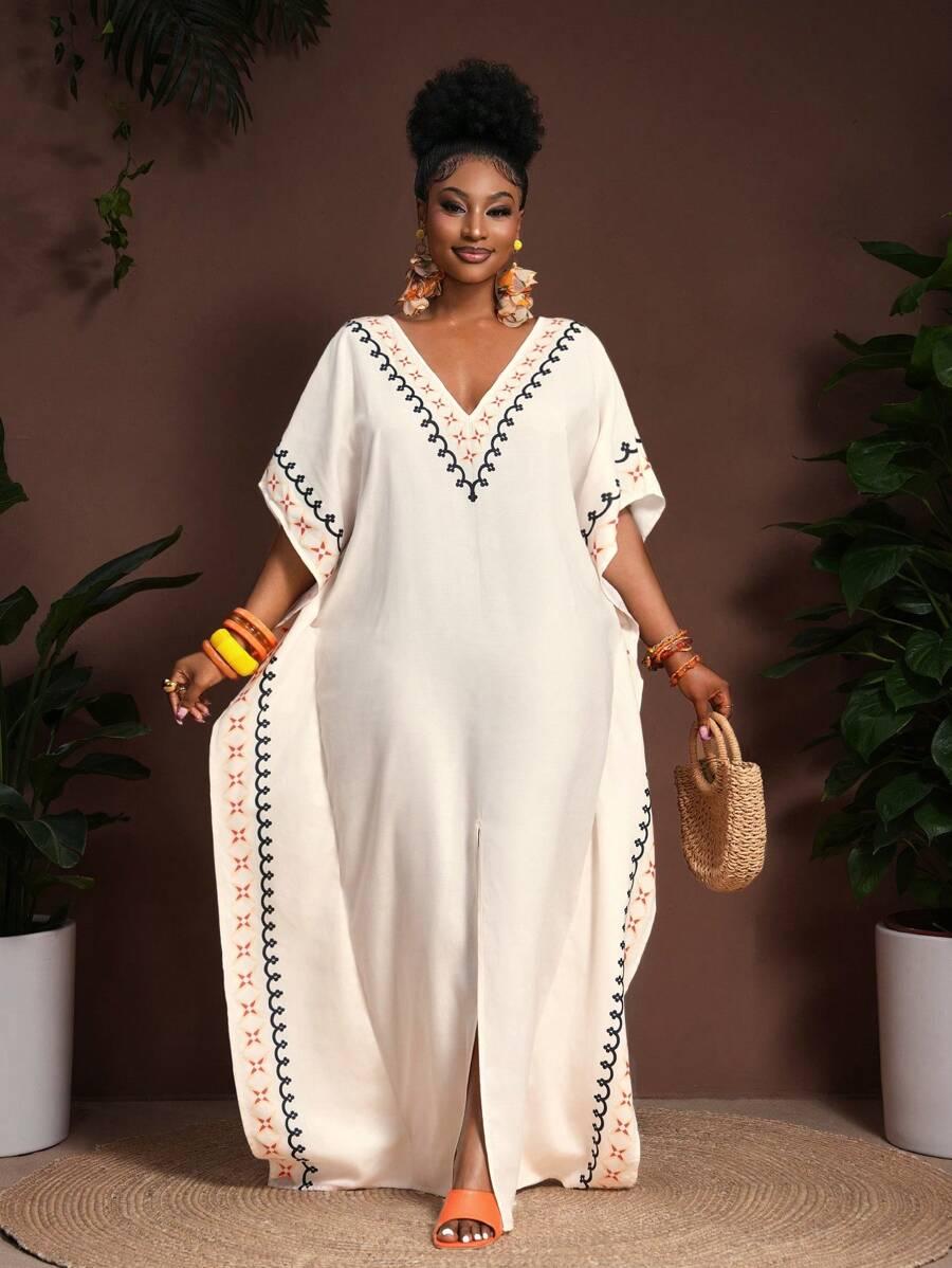 beżowa maxi sukienka v neck wzór 