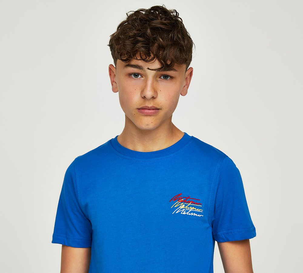 niebieski t-shirt Emmett logo okrągły dekolt