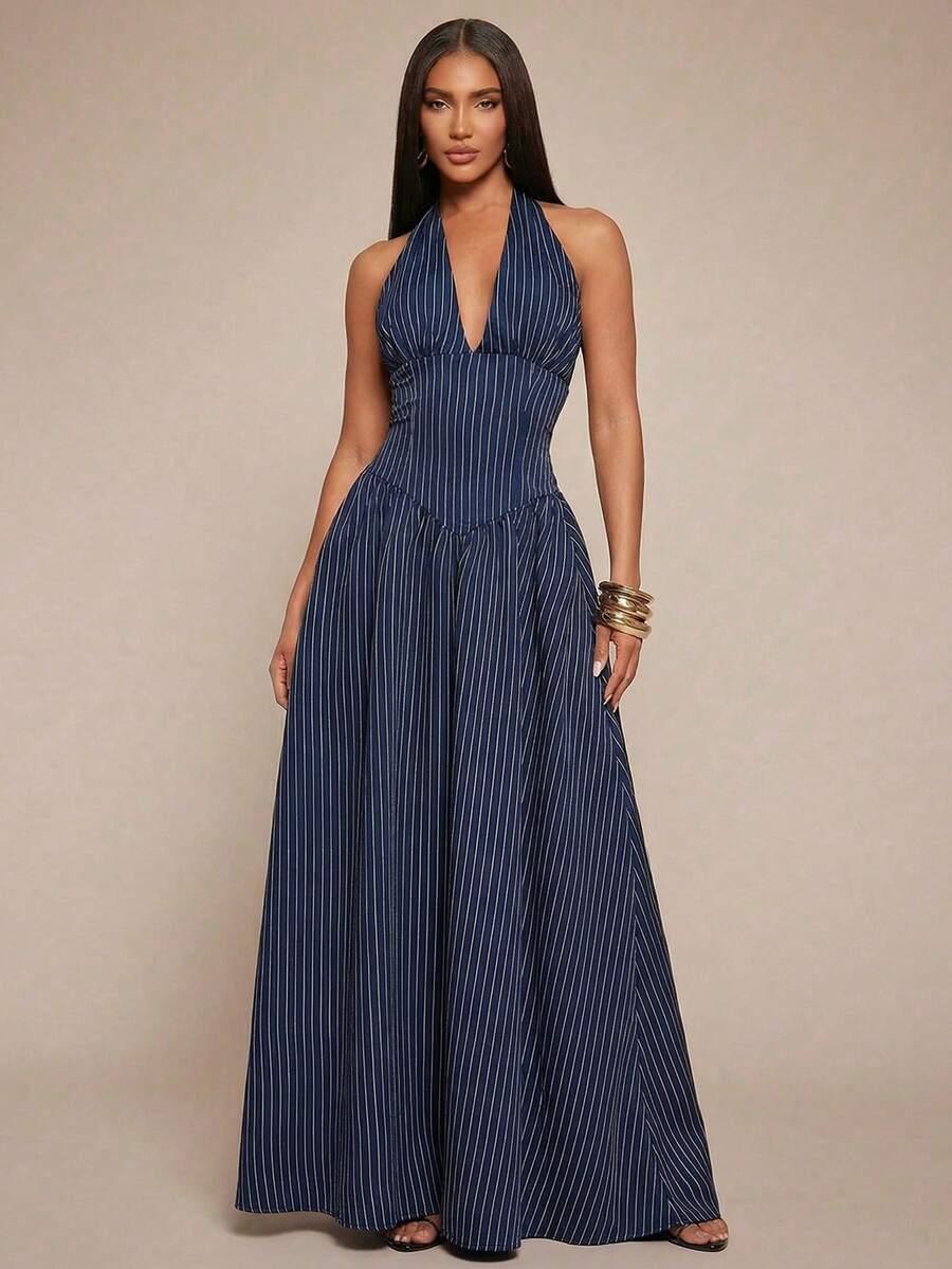 MAXI SUKIENKA V-NECK WZÓR PASKI