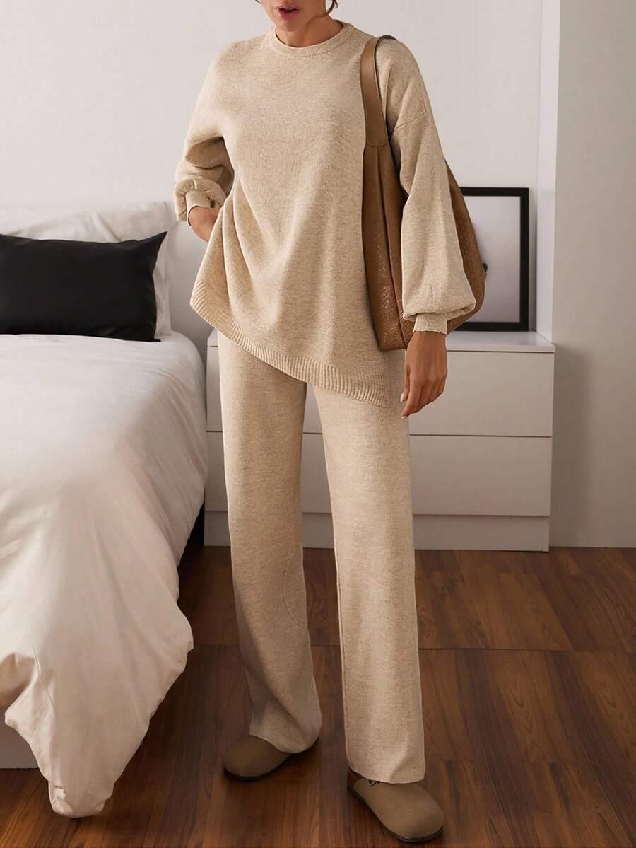 beżowy komplet sweter spodnie