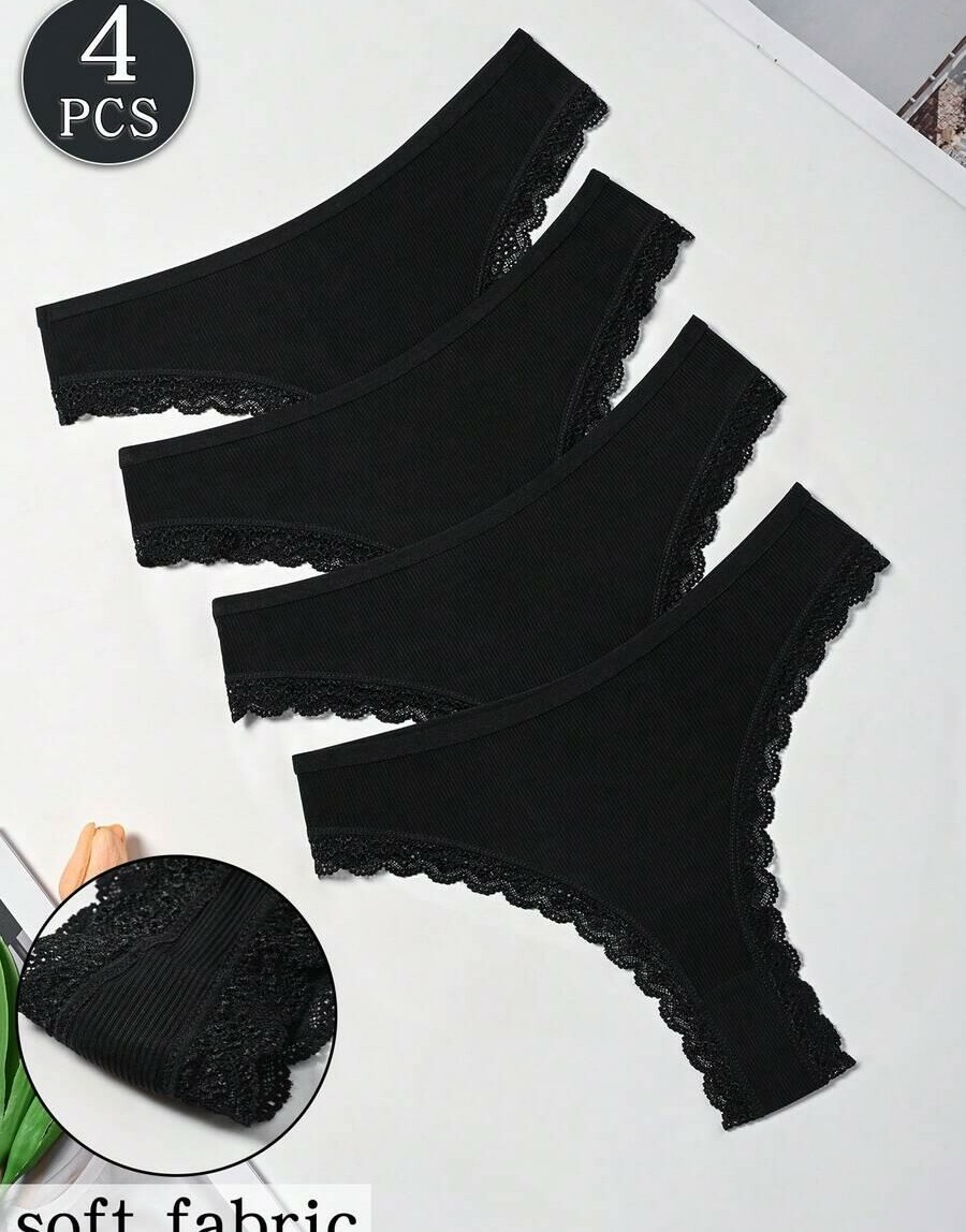 CZARNE STRINGI KORONKA 4-pack