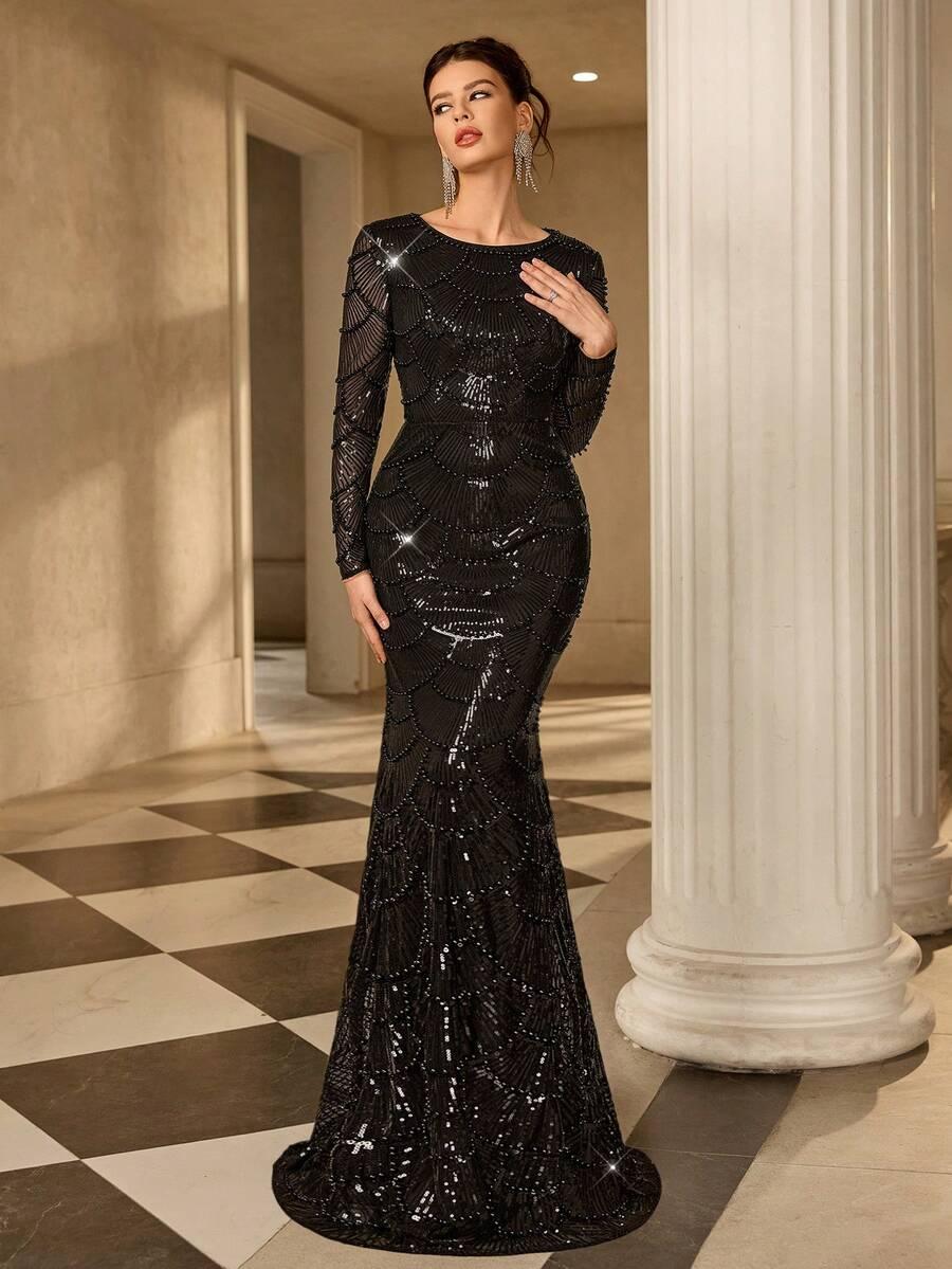 czarna sukienka maxi zdobienia 