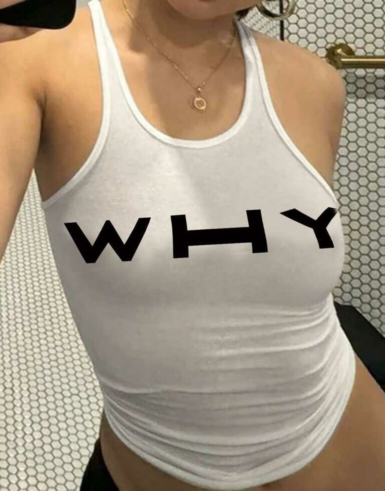 biały top wzór napis why