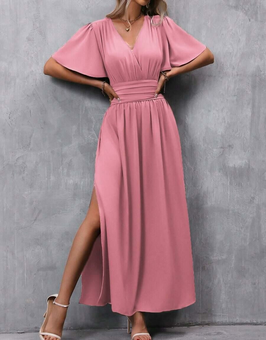 różowa maxi sukienka v-neck