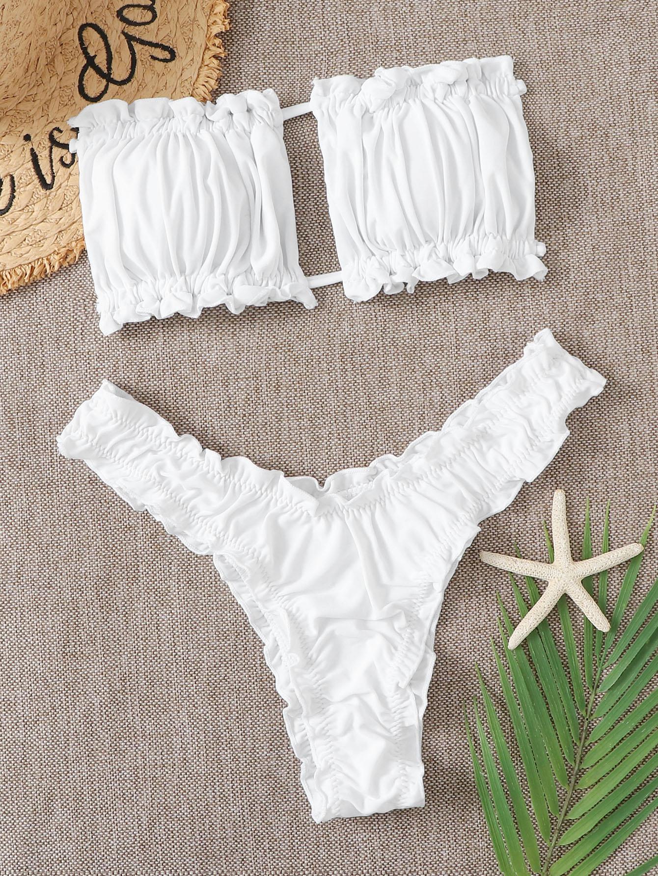 BIAŁY DWUCZĘŚCIOWY STRÓJ KĄPIELOWY BIKINI MARSZCZENIE