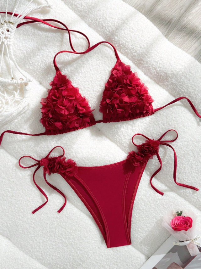 CZERWONY KOMPLET BIKINI ZDOBIENIE 3D
