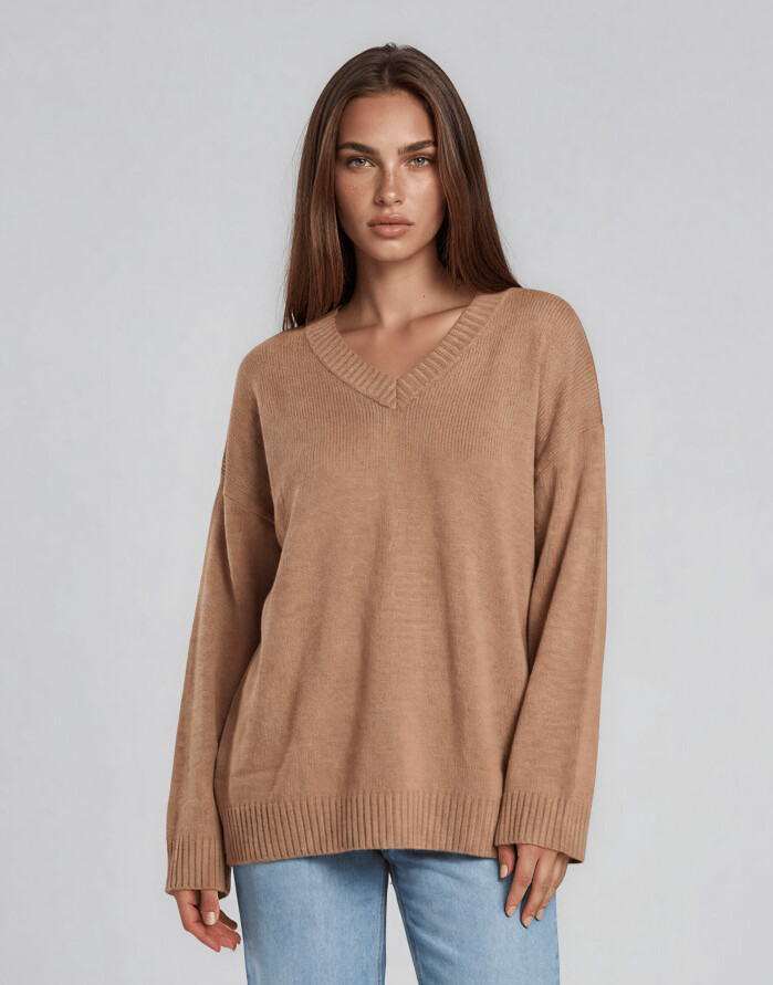 BRĄZOWY sweter v neck oversize