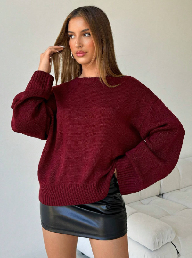 LUŹNY DZIANINOWY SWETER OKRĄGŁY DEKOLT 