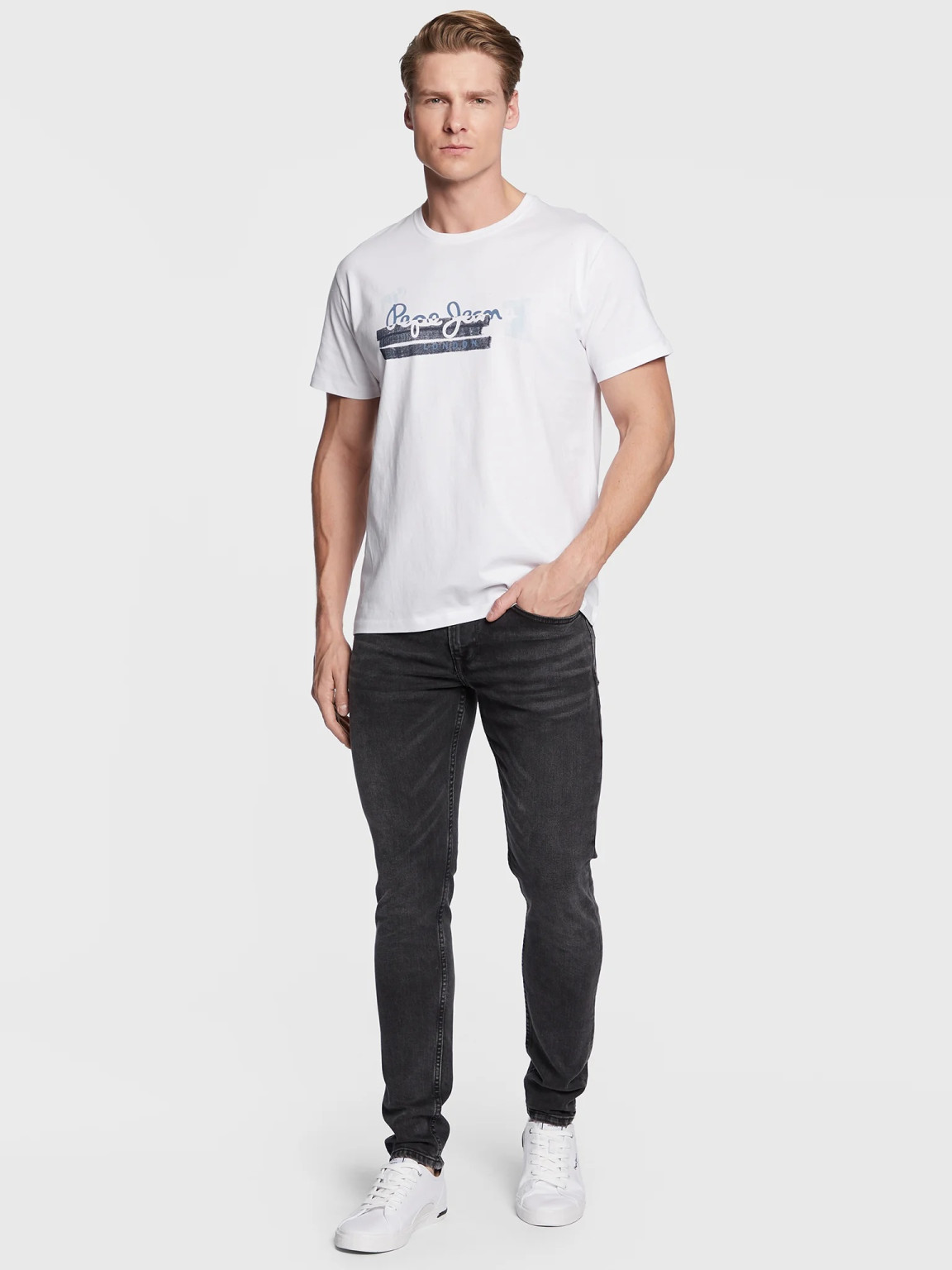 biały t-shirt okrągły dekolt logo regular fit