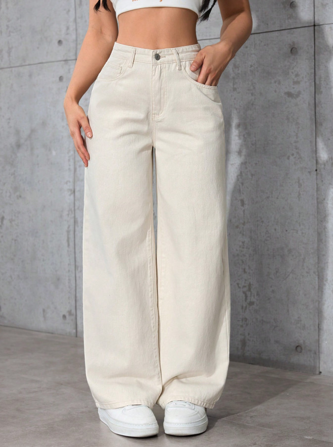 KREMOWE SPODNIE JEANS 