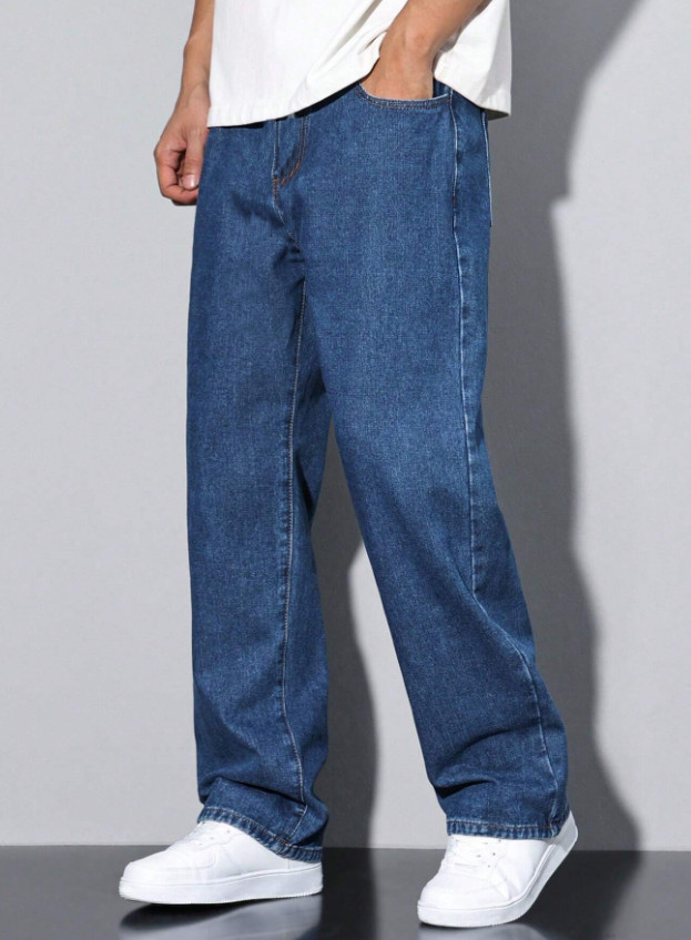 niebieskie proste spodnie jeans