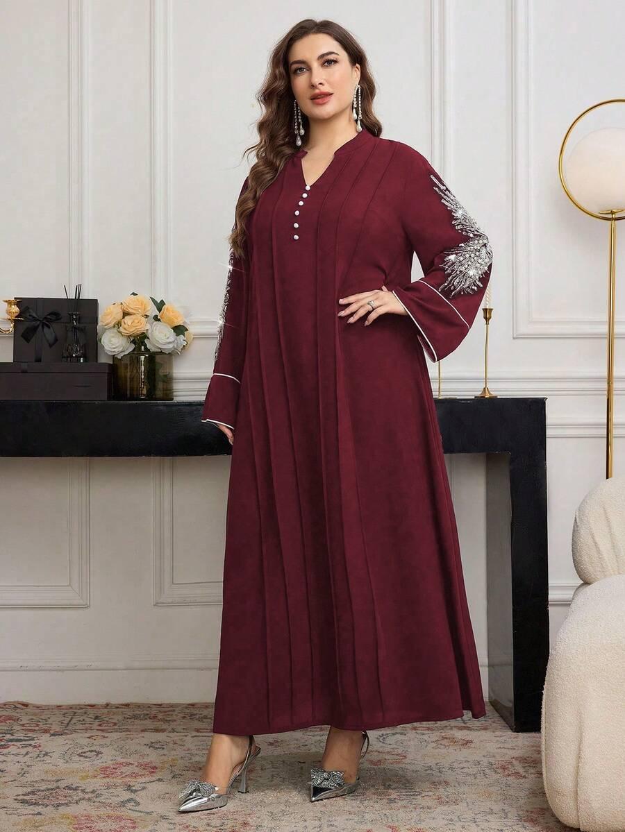 bordowa maxi sukienka v neck zdobienie 