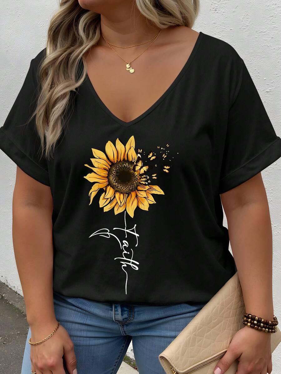 czarna bluzka v-neck nadruk słonecznik