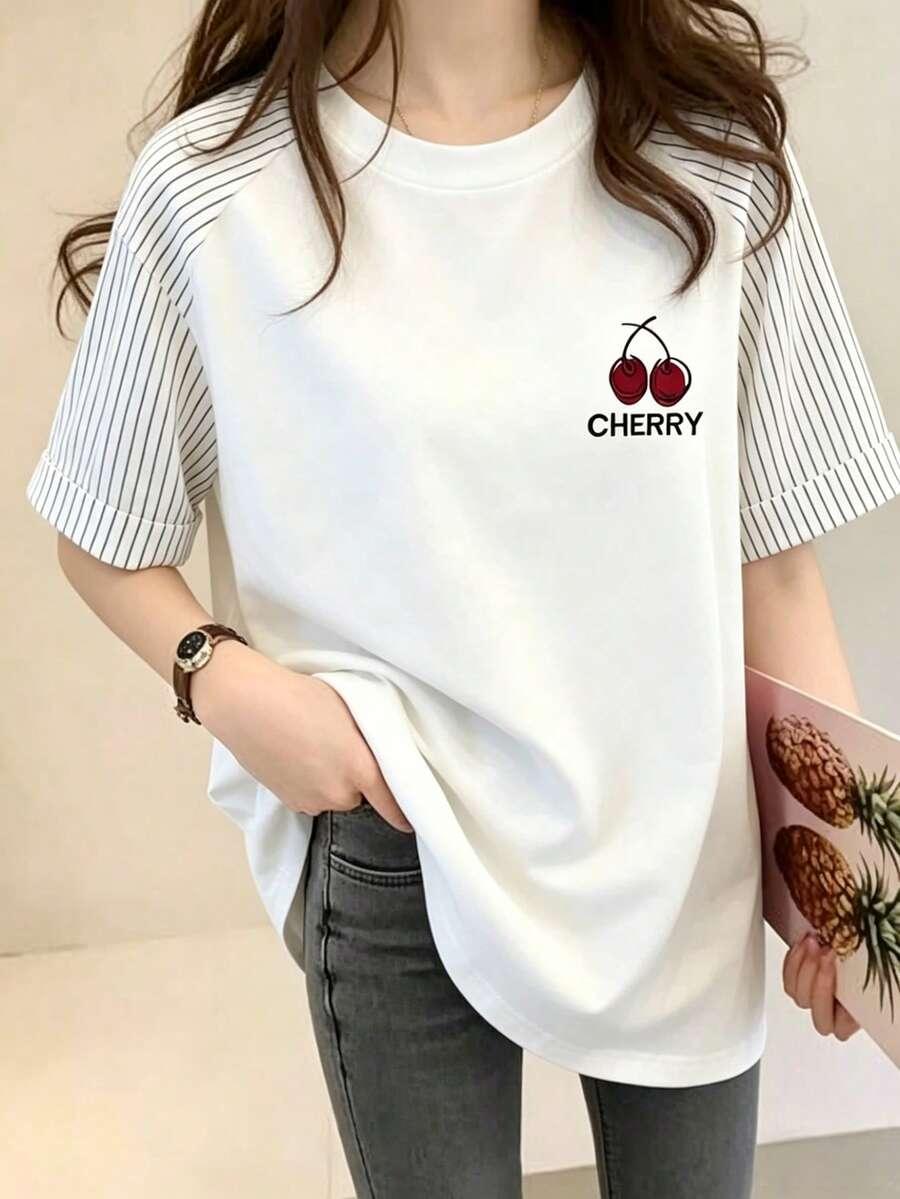 BIAŁY T-SHIRT WZÓR WIŚNIA