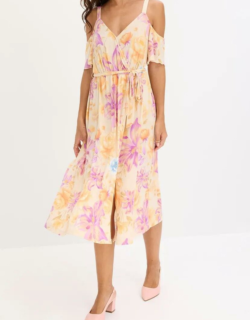 SUKIENKA BOHO MIDI Z DEKOLTEM V I KRÓTKIM RĘKAWEM