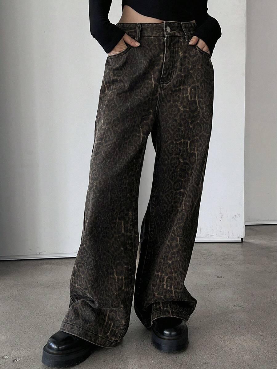 SPODNIE JEANS Z SZEROKIMI NOGAWKAMI ANIMAL PRINT 