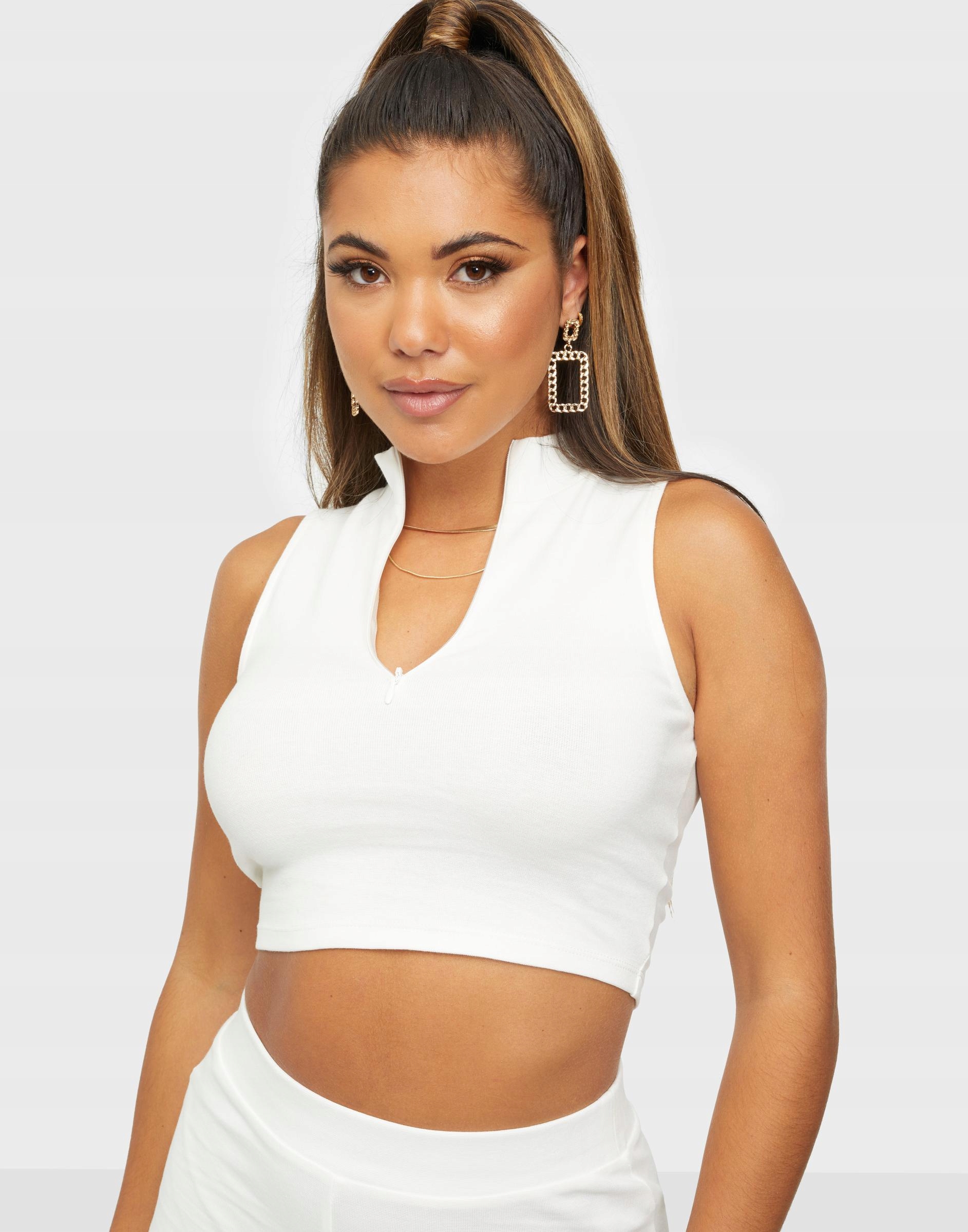 BIAŁY CROP TOP CASUAL ZAMEK BŁYSKAWICZNY 