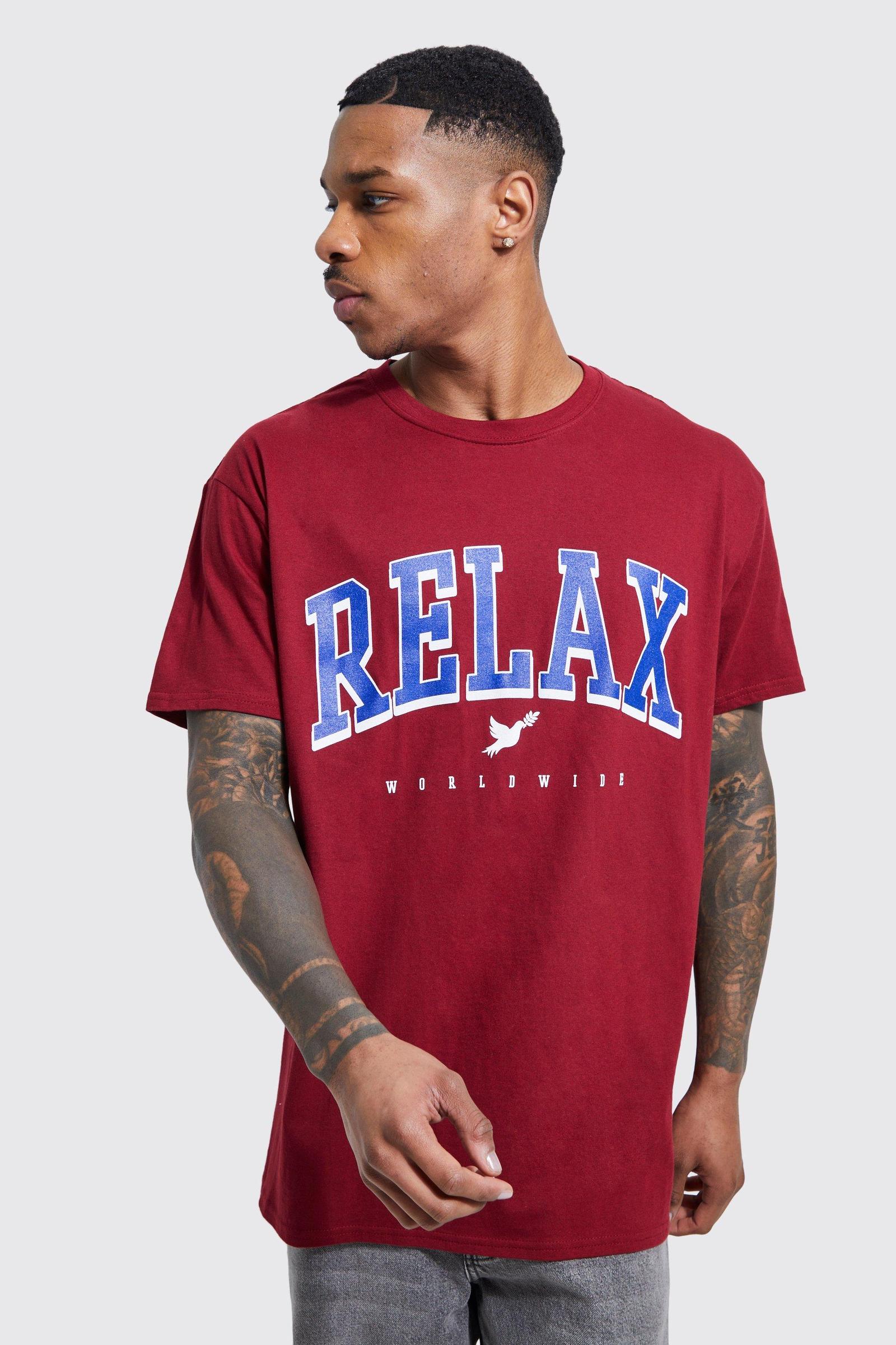 bordowy t-shirt oversize nadruk relax