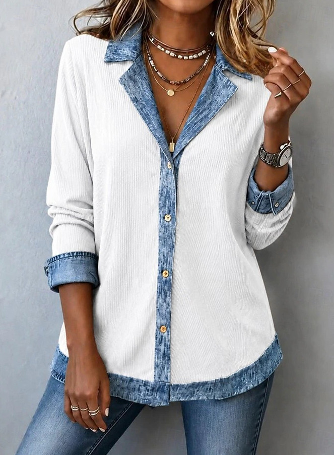 prążkowana koszula casual łączenie kontrast jeans długi rękaw