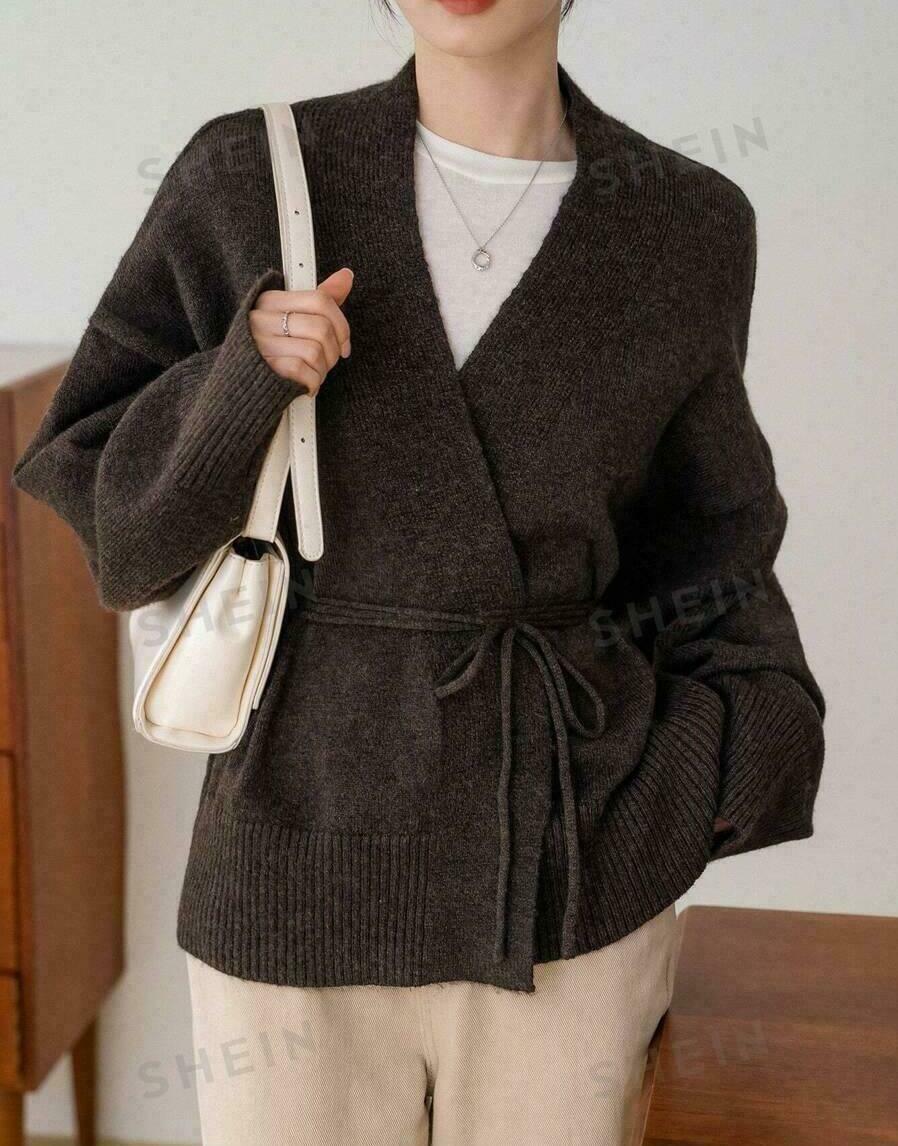 BRĄZOWY SWETER KARDIGAN WIĄZANIE 
