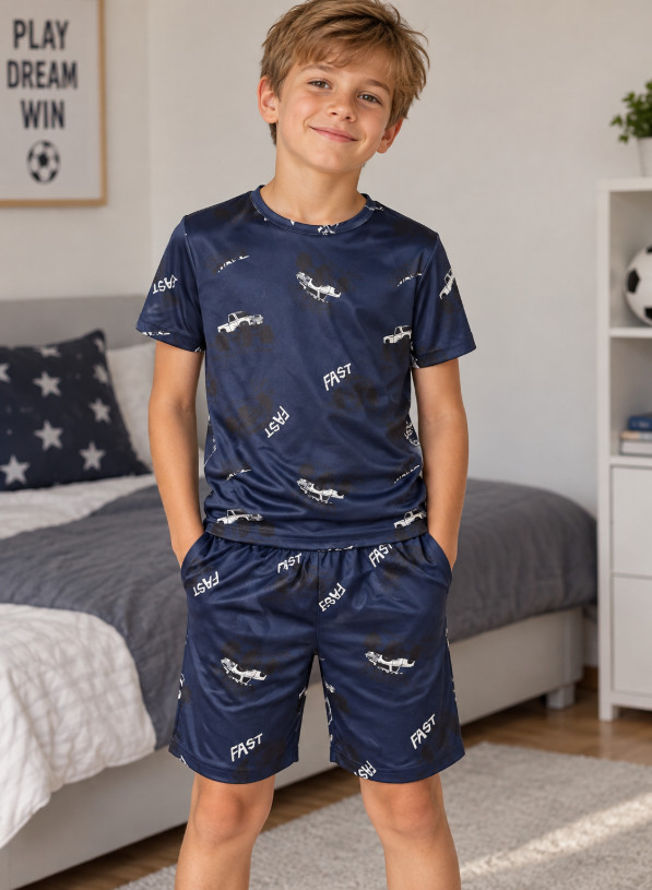 granatowa piżama komplet krótkie spodenki t-shirt