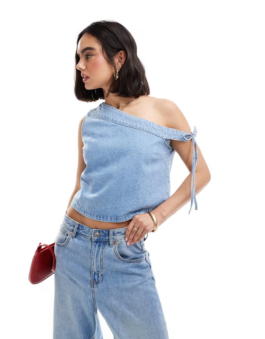 NIEBIESKA BLUZKA JEANS NA JEDNO RAMIĘ