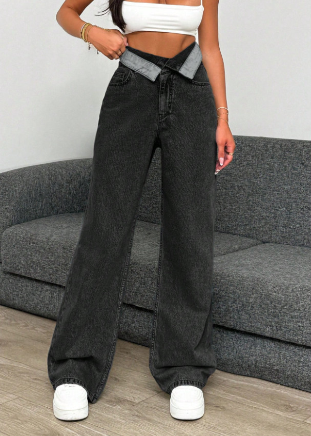 CZARNE SPODNIE JEANS kontrast 