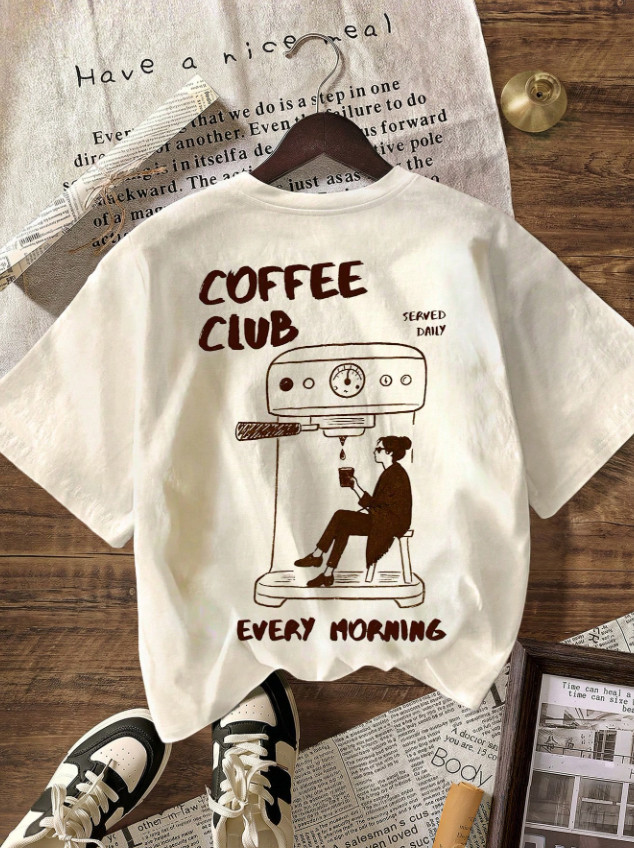 kremowy t-shirt nadruk coffee club