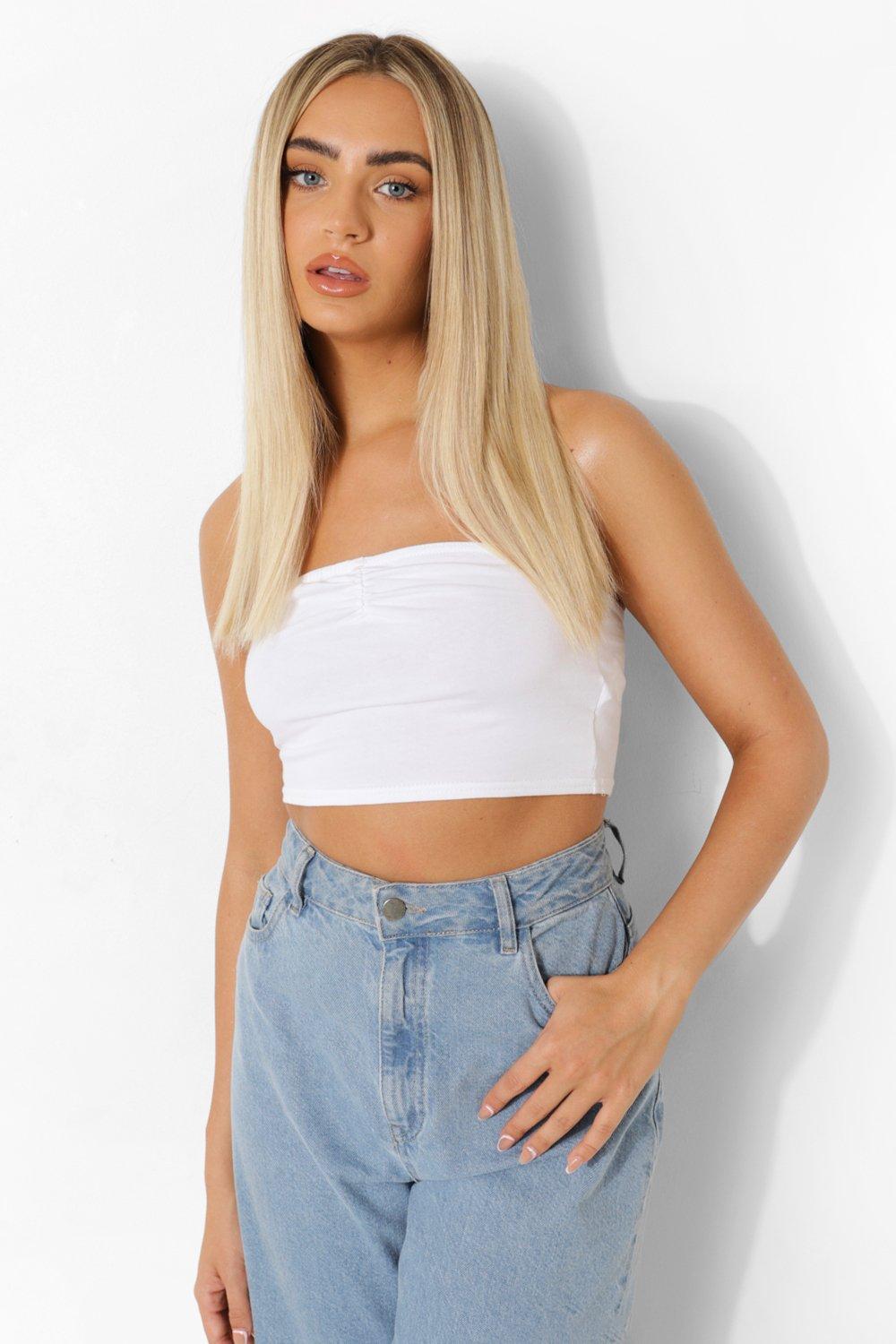 biały crop top tuba opaska marszczenie