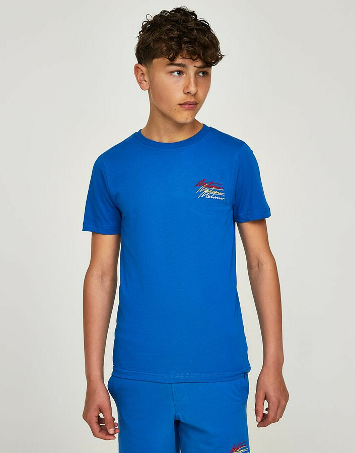 niebieski t-shirt Emmett logo okrągły dekolt