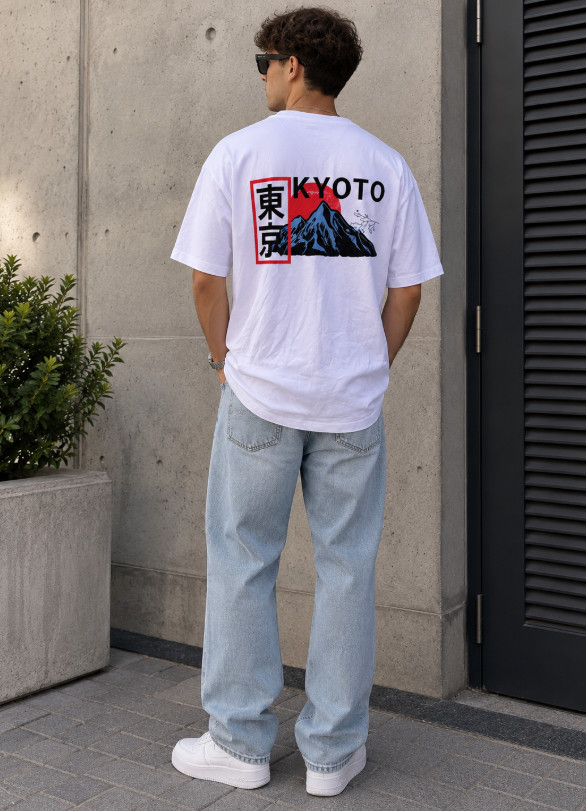 BAWEŁNIANY KLASYCZNY BIAŁY T-SHIRT NADRUK KYOTO