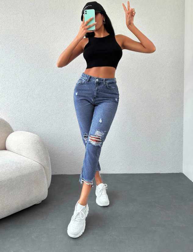 NIEBIESKIE SPODNIE MOM JEANS PRZETARCIA