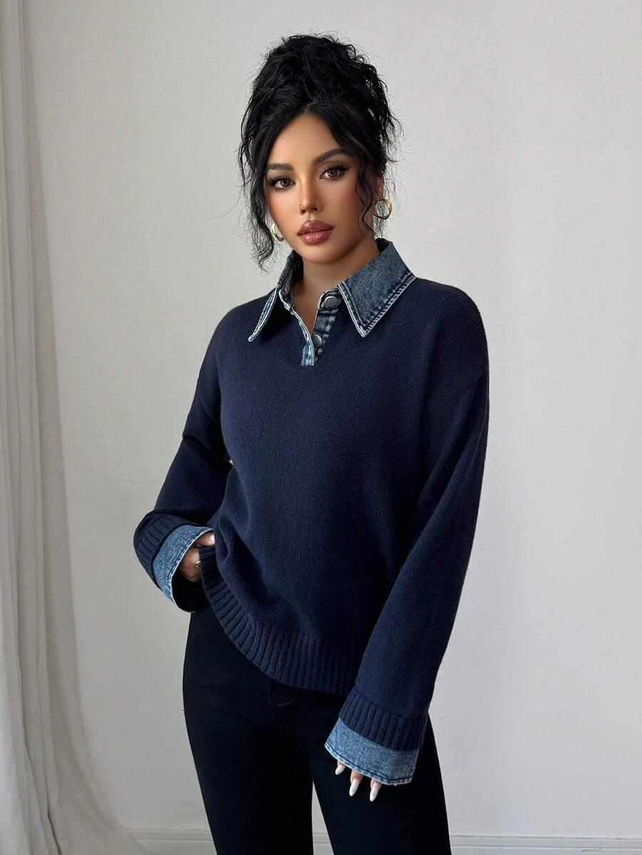 GRANATOWY SWETER KOŁNIERZYK 