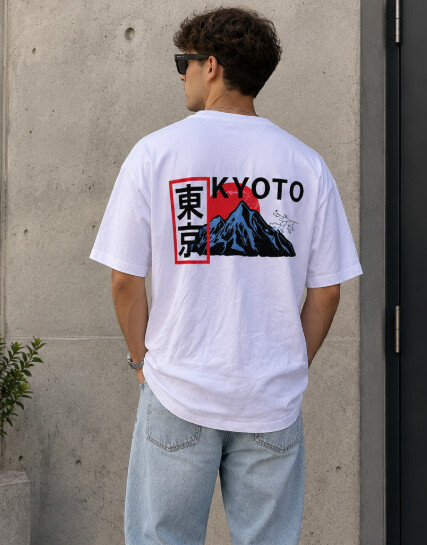 BAWEŁNIANY KLASYCZNY BIAŁY T-SHIRT NADRUK KYOTO