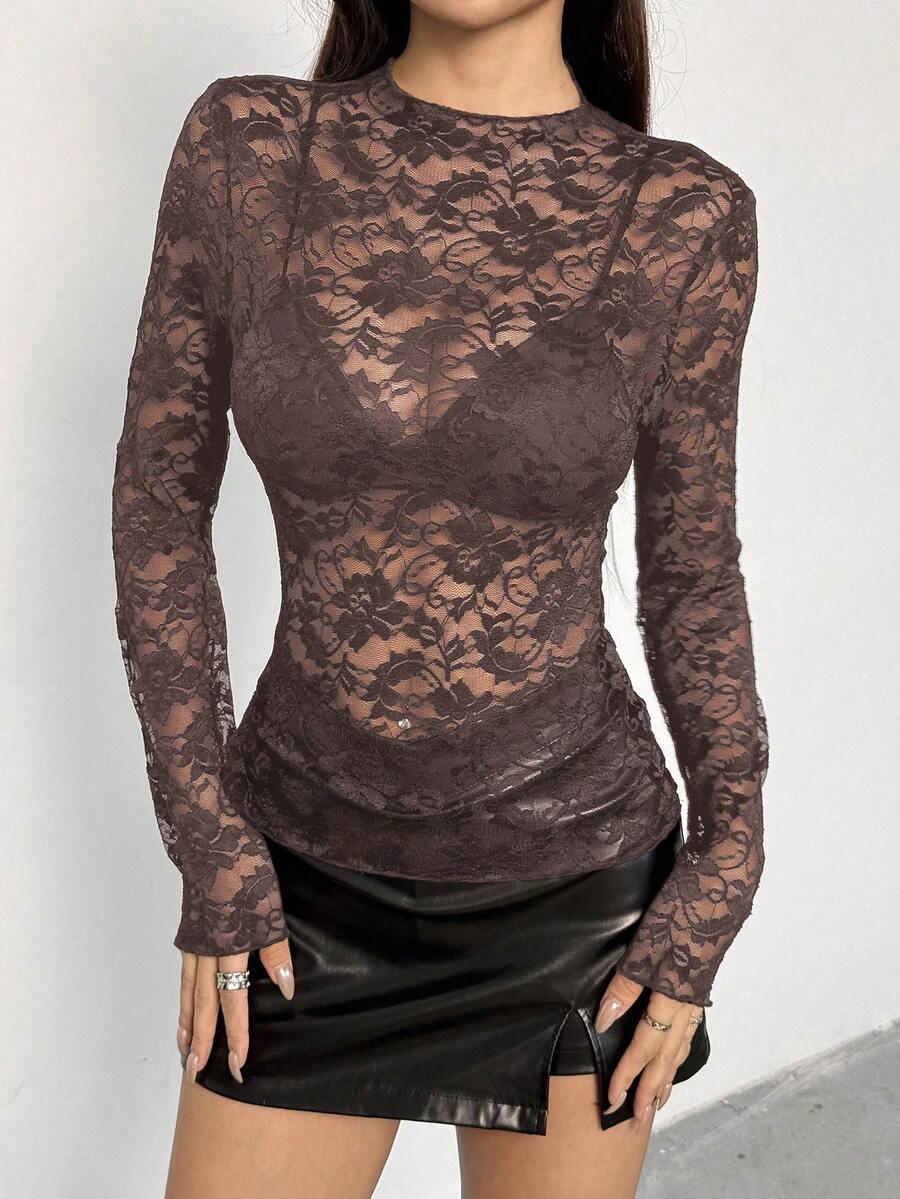BRĄZOWA BLUZKA DŁUGI RĘKAW KORONKA