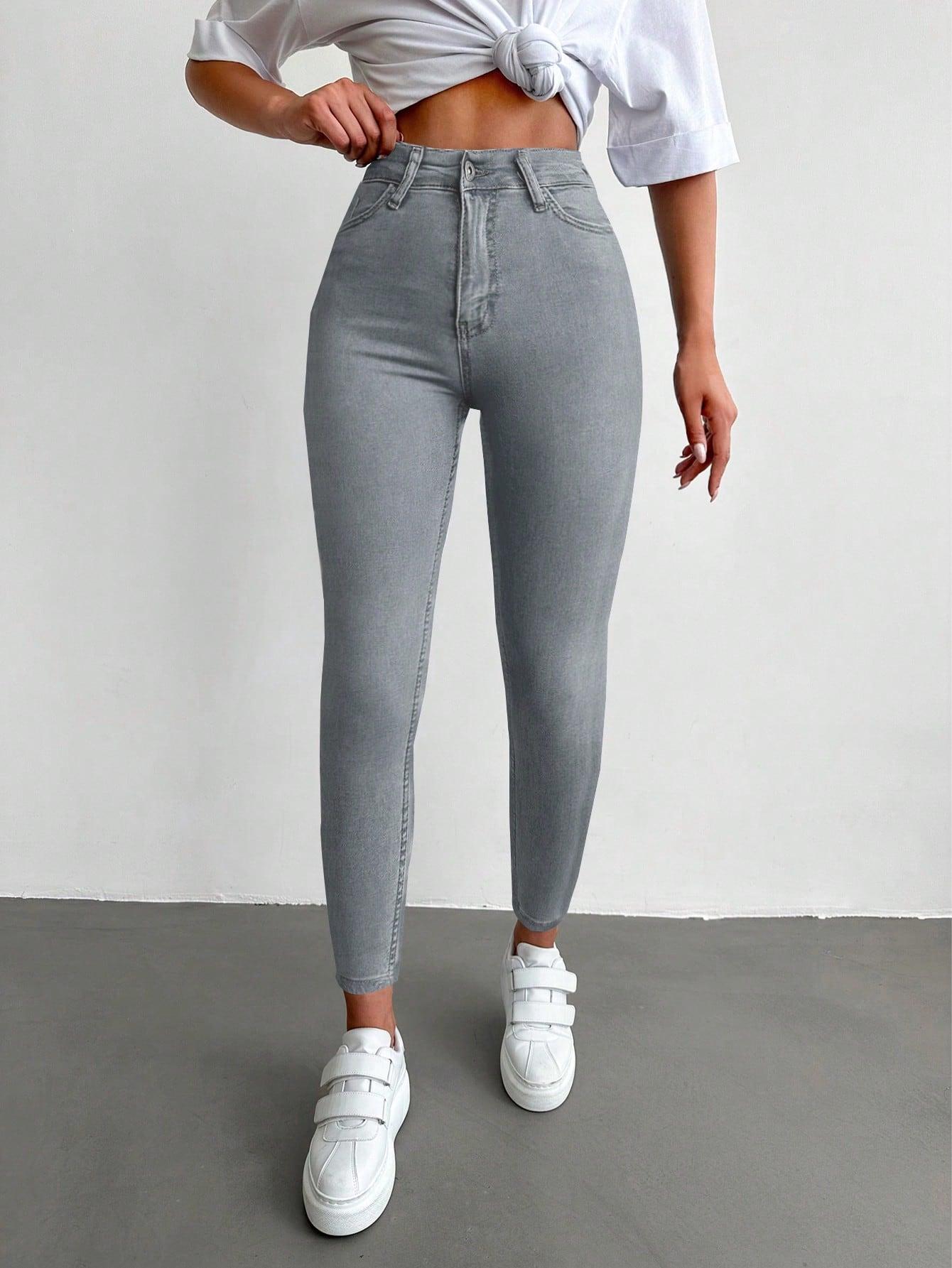 SZARE SPODNIE RURKI JEANS WYSOKI STAN