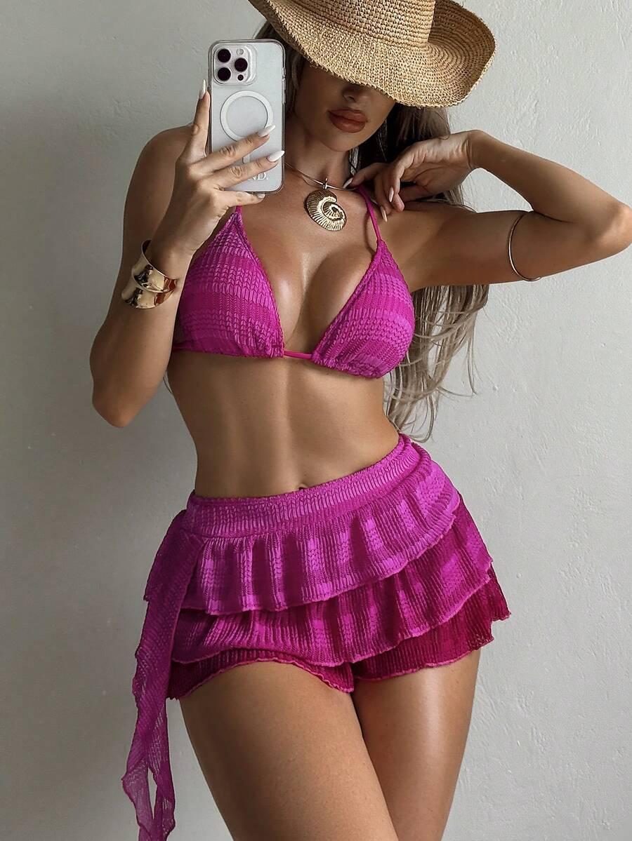 różowy komplet bikini spódnica